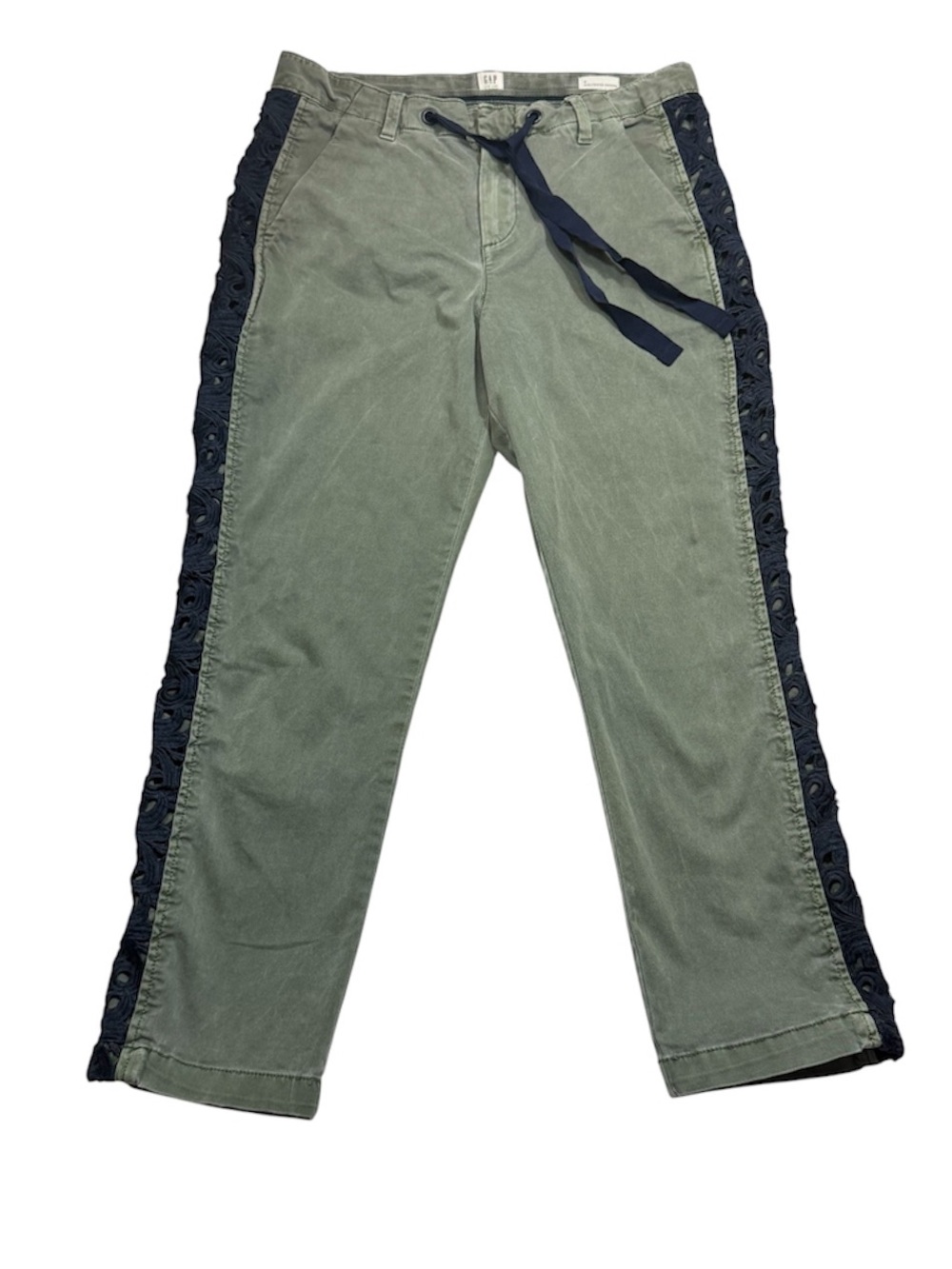 Gap Girlfriend Chinos Size 2 Olive Green Navy Lace Trim Cropped Drawstring Pants